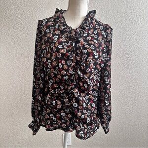 A Love Story Top Women’s Medium Ditsy Floral Ruched Front Blouse Black Romantic